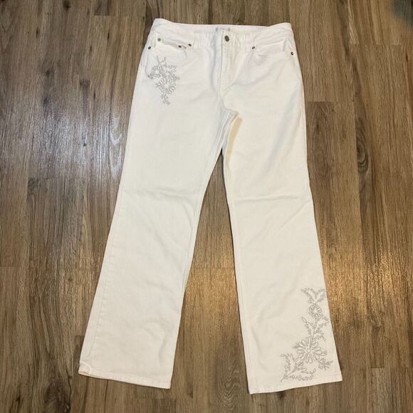 Ann Taylor LOFT White Denim Jeans Embroidery Floral Stretch Straight Leg Size 10 - Picture 1 of 9